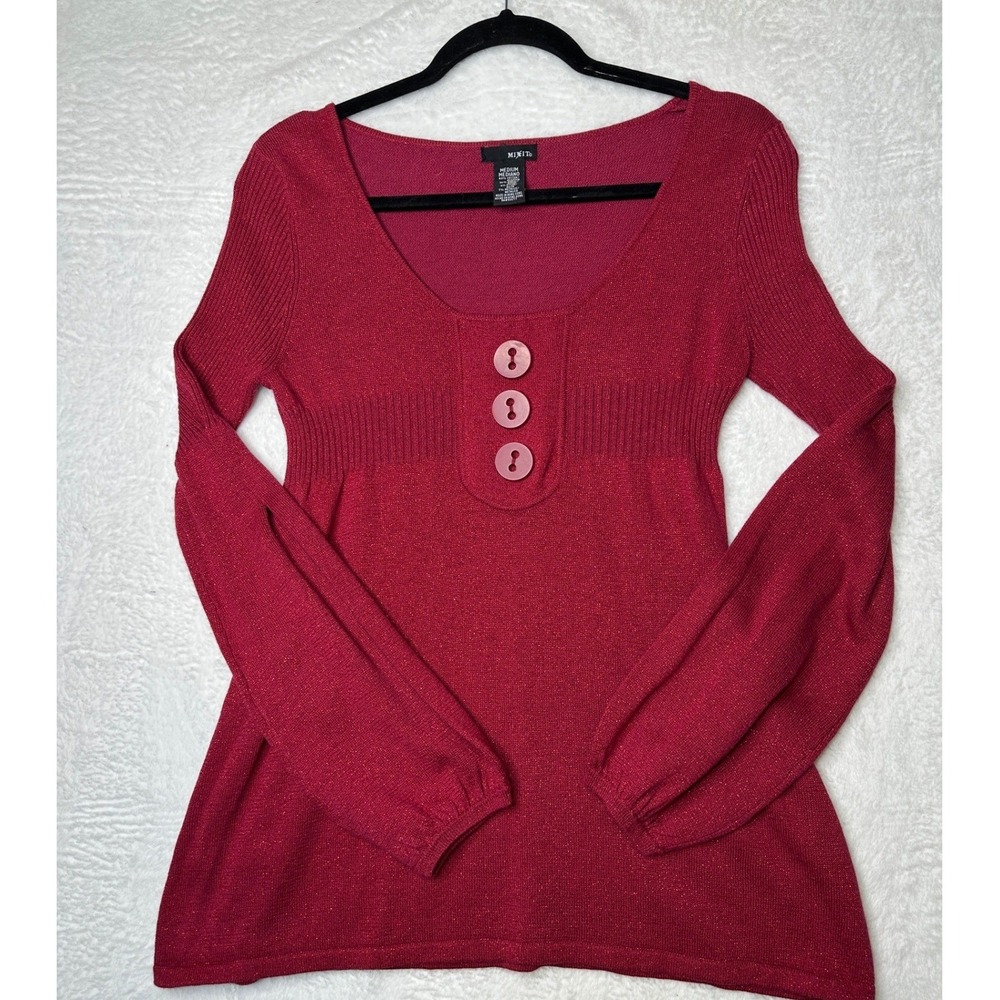 Mixit Y2K Sweater Women Medium Red Metallic Button Empire Waist Balloon Sleeve